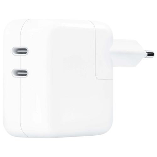 Met de Apple 35W Power Adapter met 2 usb C poorten ...